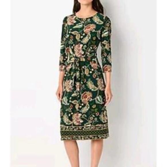 R & K Dresses & Skirts - NWT R&K Floral Midi Dress Tie Belt Women’s Sz Large 3/4 Sleeve Green